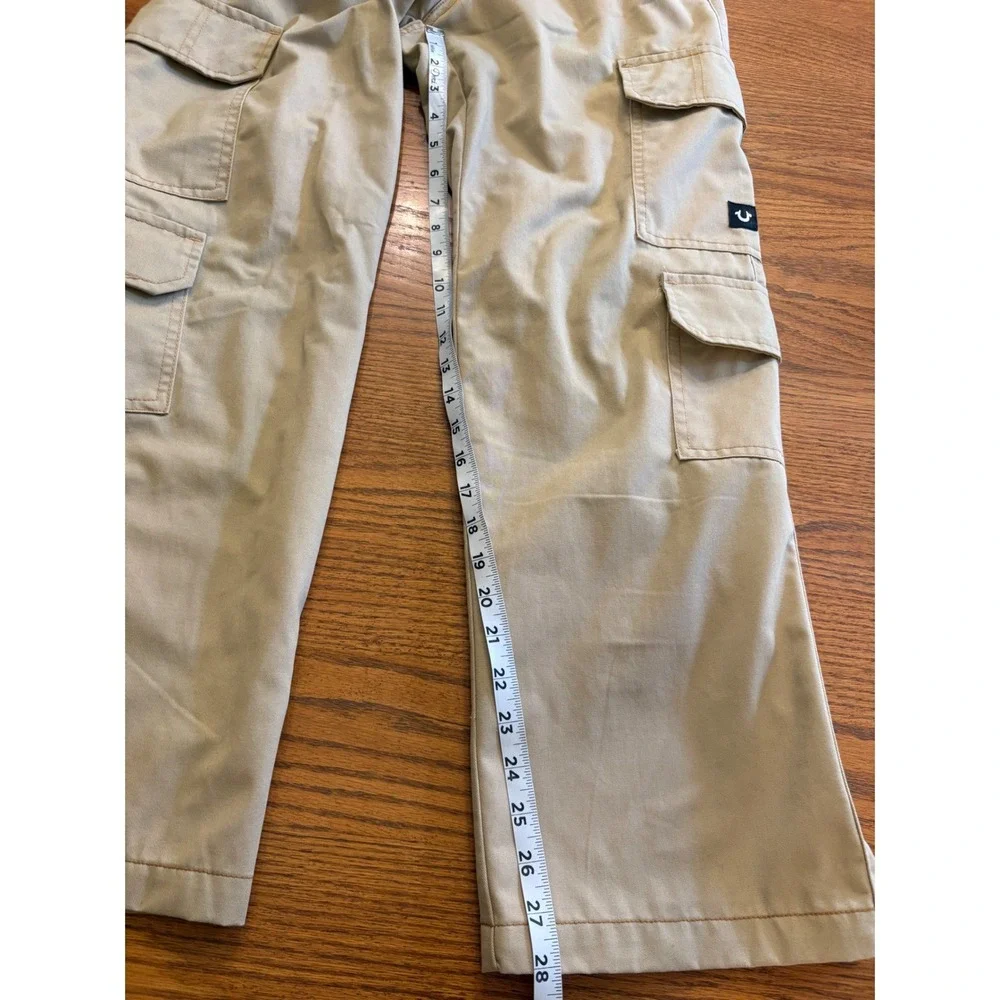 True Religion Mens Khaki Cargo Pants Tan Wide Leg Y2K Horseshoe Logo Size 28